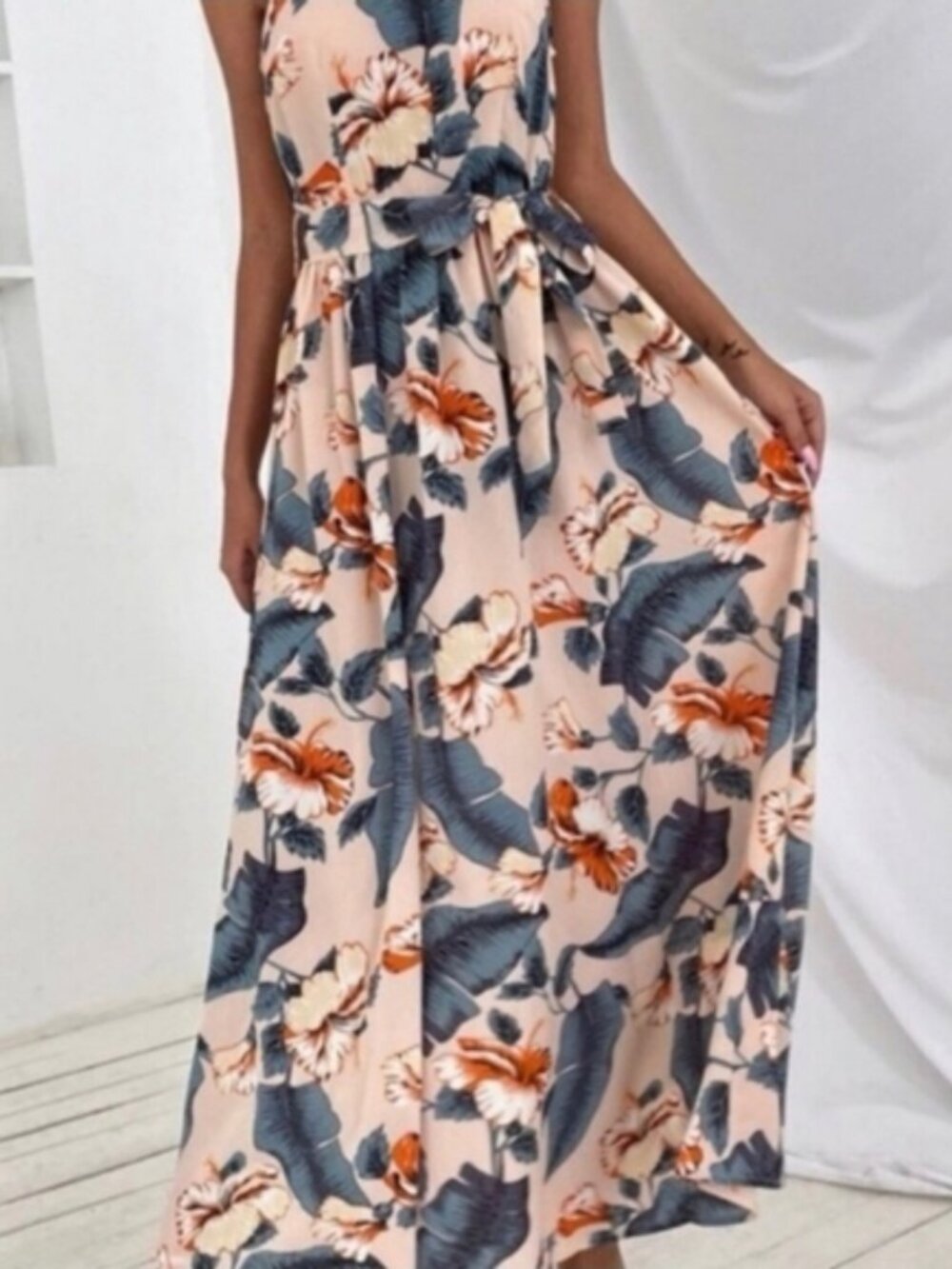 Dress. Peachy Cream/Multi Color Tropical Floral Print Maxi Length Sizes XS and S - Picture 3 of 4